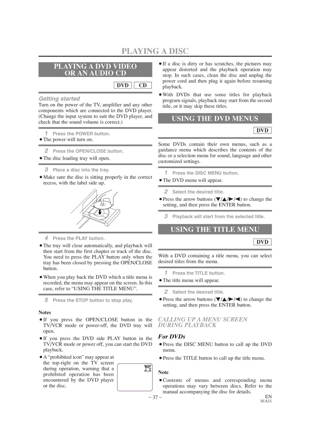 Emerson EWC19T1 owner manual Playing a DVD Video Or AN Audio CD, Using the DVD Menus, Using the Title Menu 