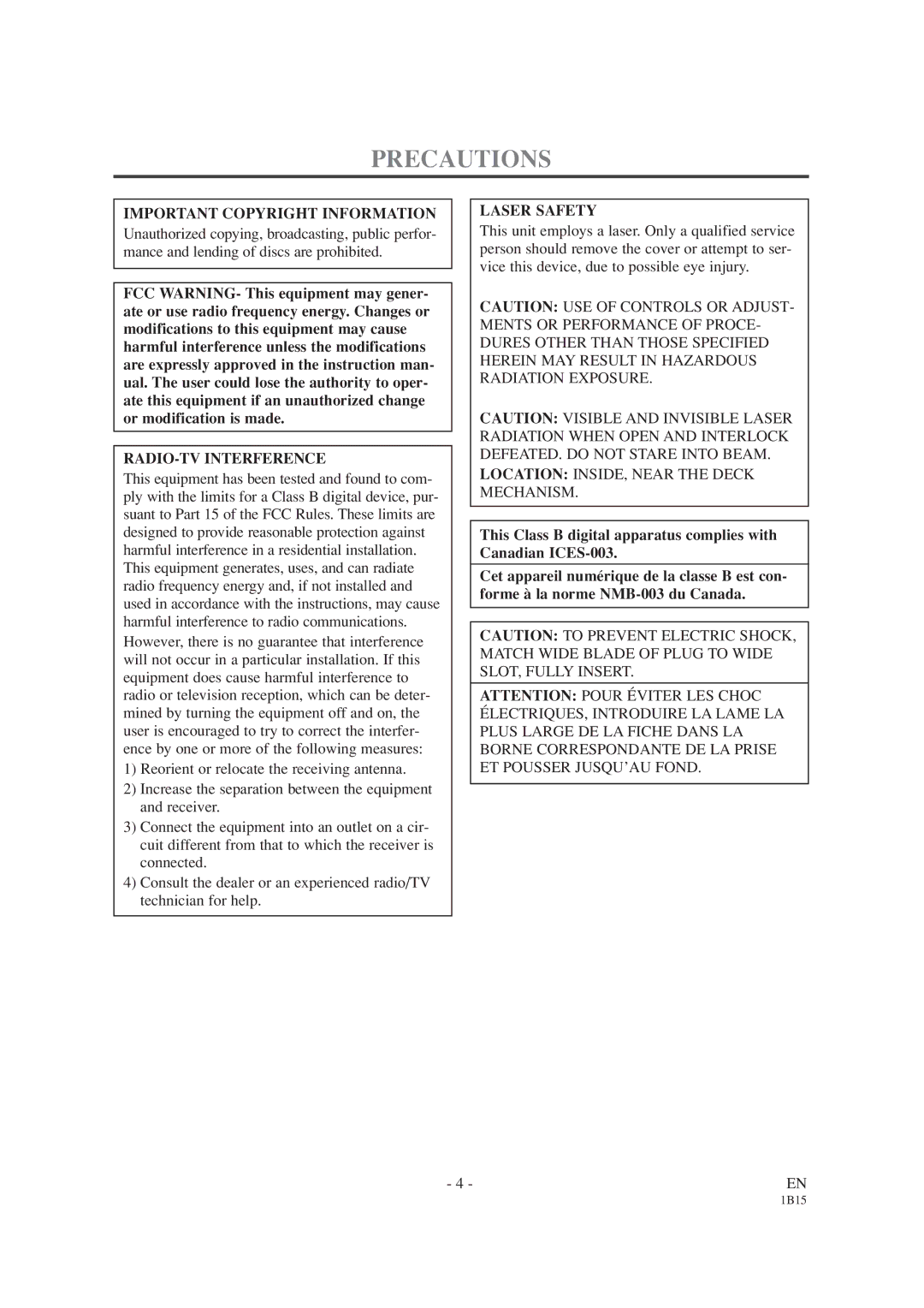 Emerson EWC19T1 owner manual Precautions, Important Copyright Information, RADIO-TV Interference, Laser Safety 