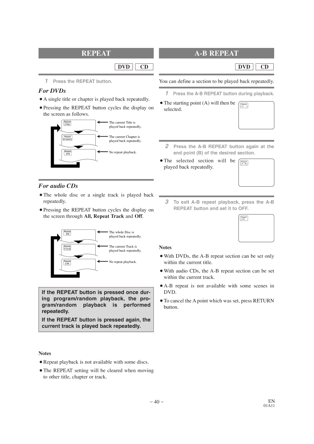 Emerson EWC19T1 owner manual Repeat, You can define a section to be played back repeatedly 