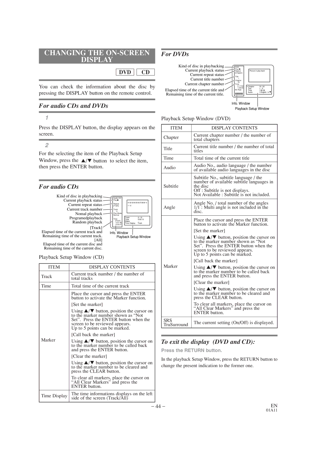 Emerson EWC19T1 owner manual Changing the ON-SCREEN Display, Playback Setup Window CD 