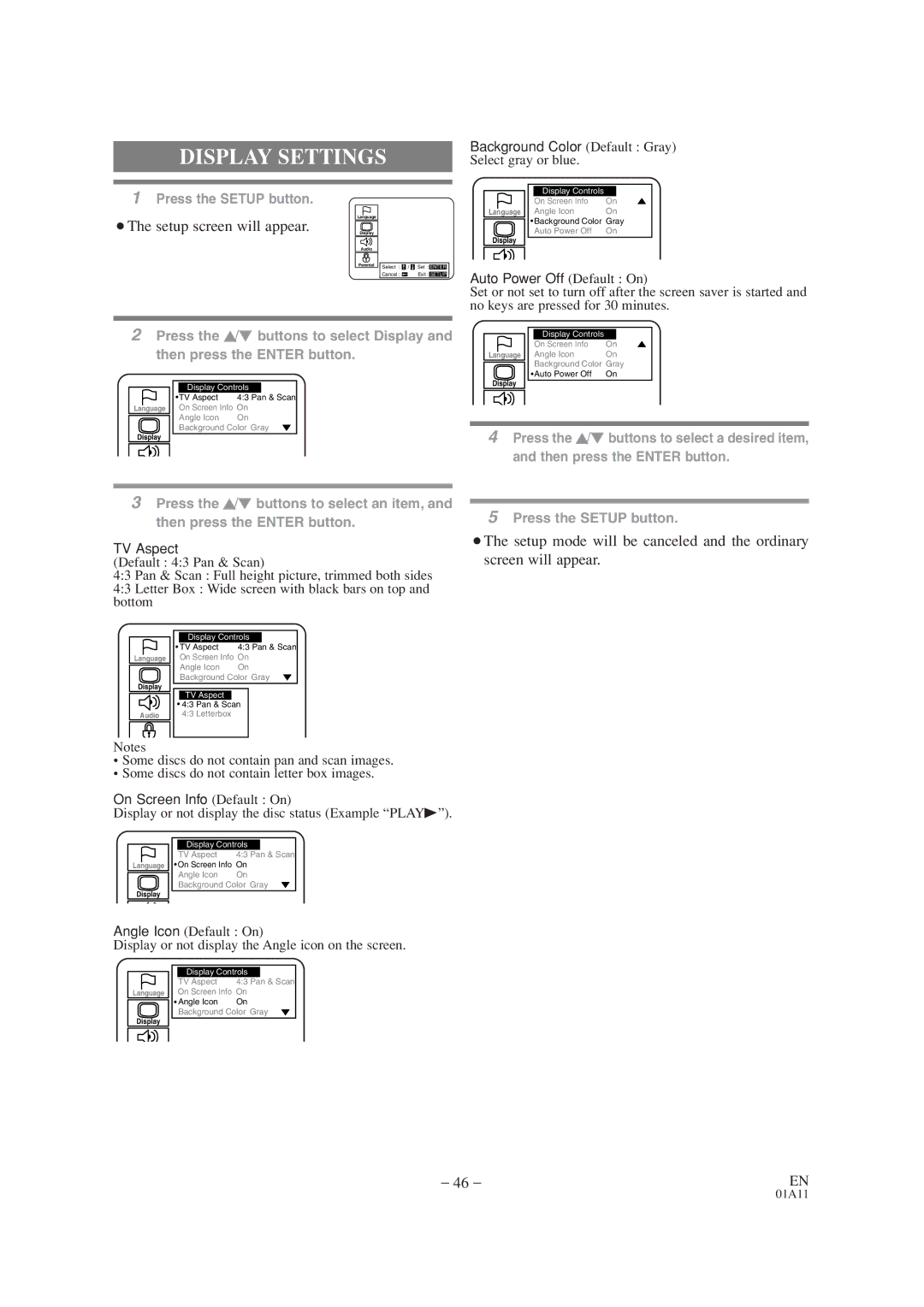 Emerson EWC19T1 owner manual Display Settings, ¡The setup screen will appear 