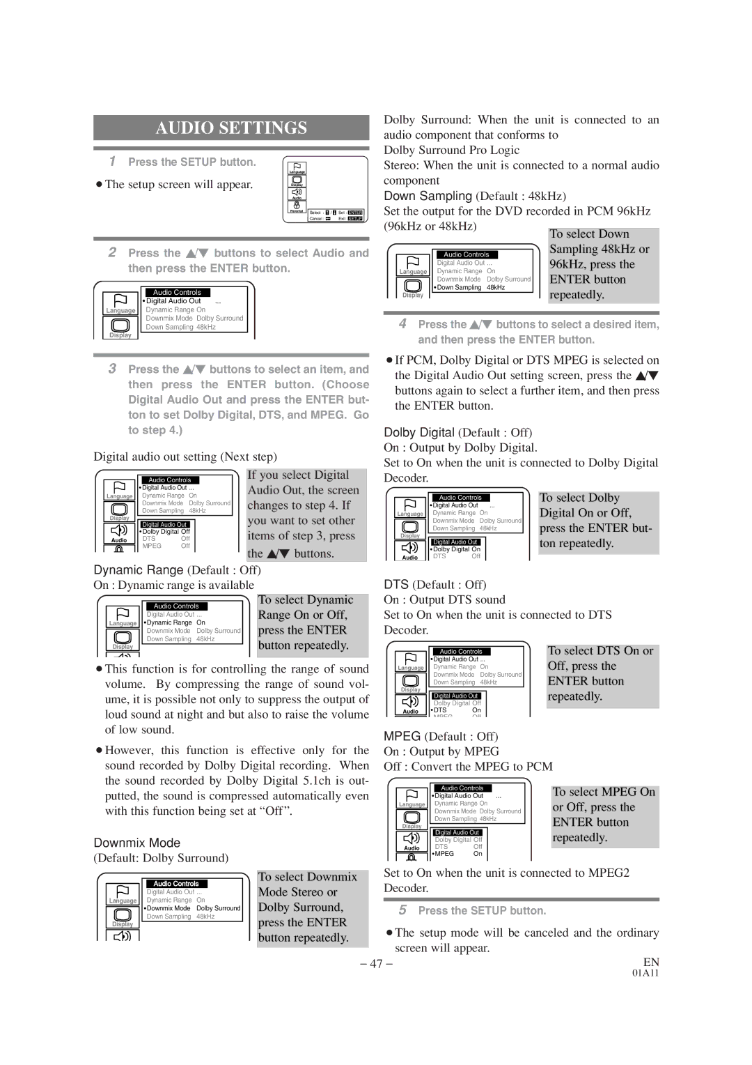 Emerson EWC19T1 owner manual Audio Settings, ¡The setup screen will appear 