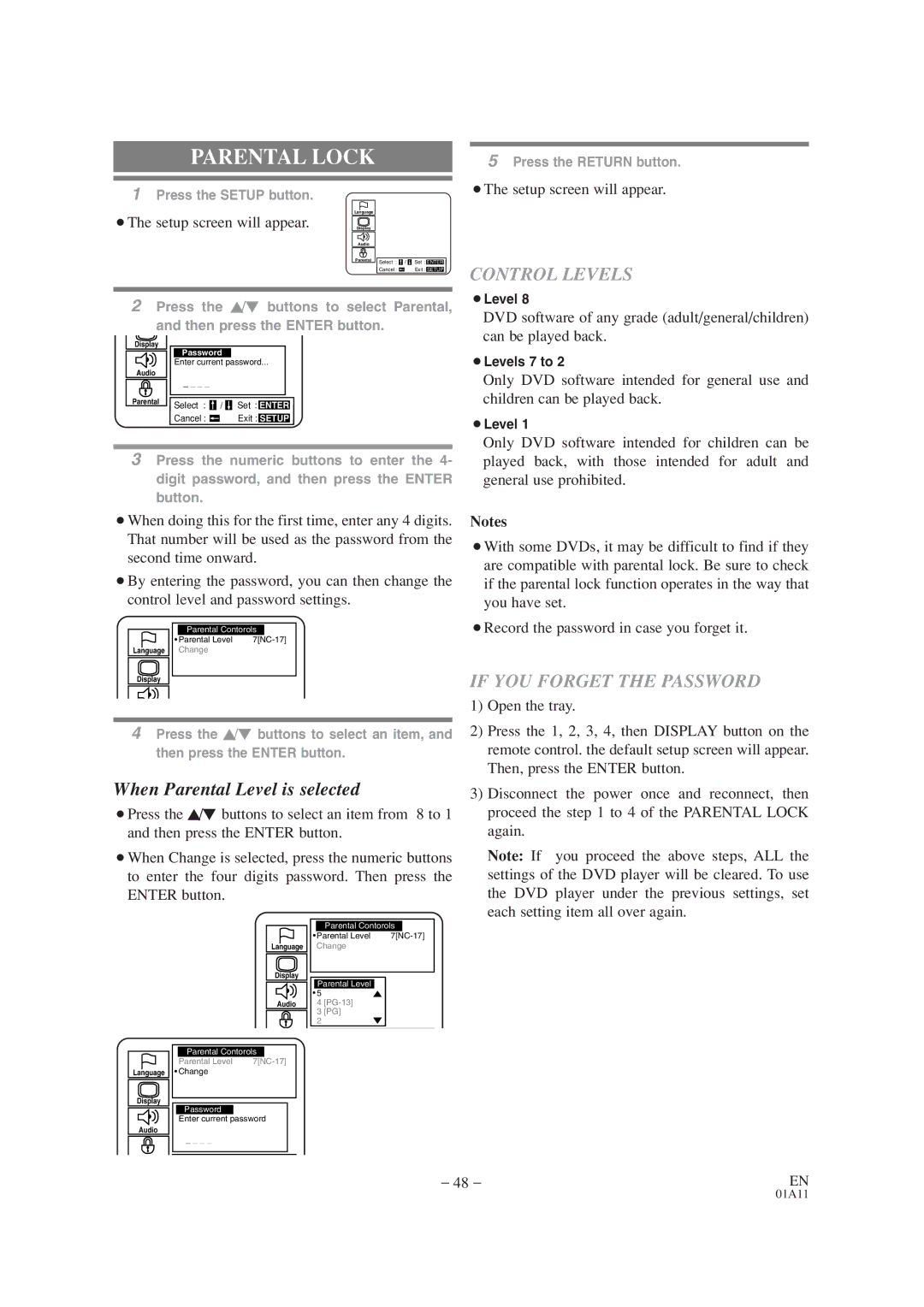 Emerson EWC19T1 owner manual Parental Lock, Control Levels, If YOU Forget the Password 