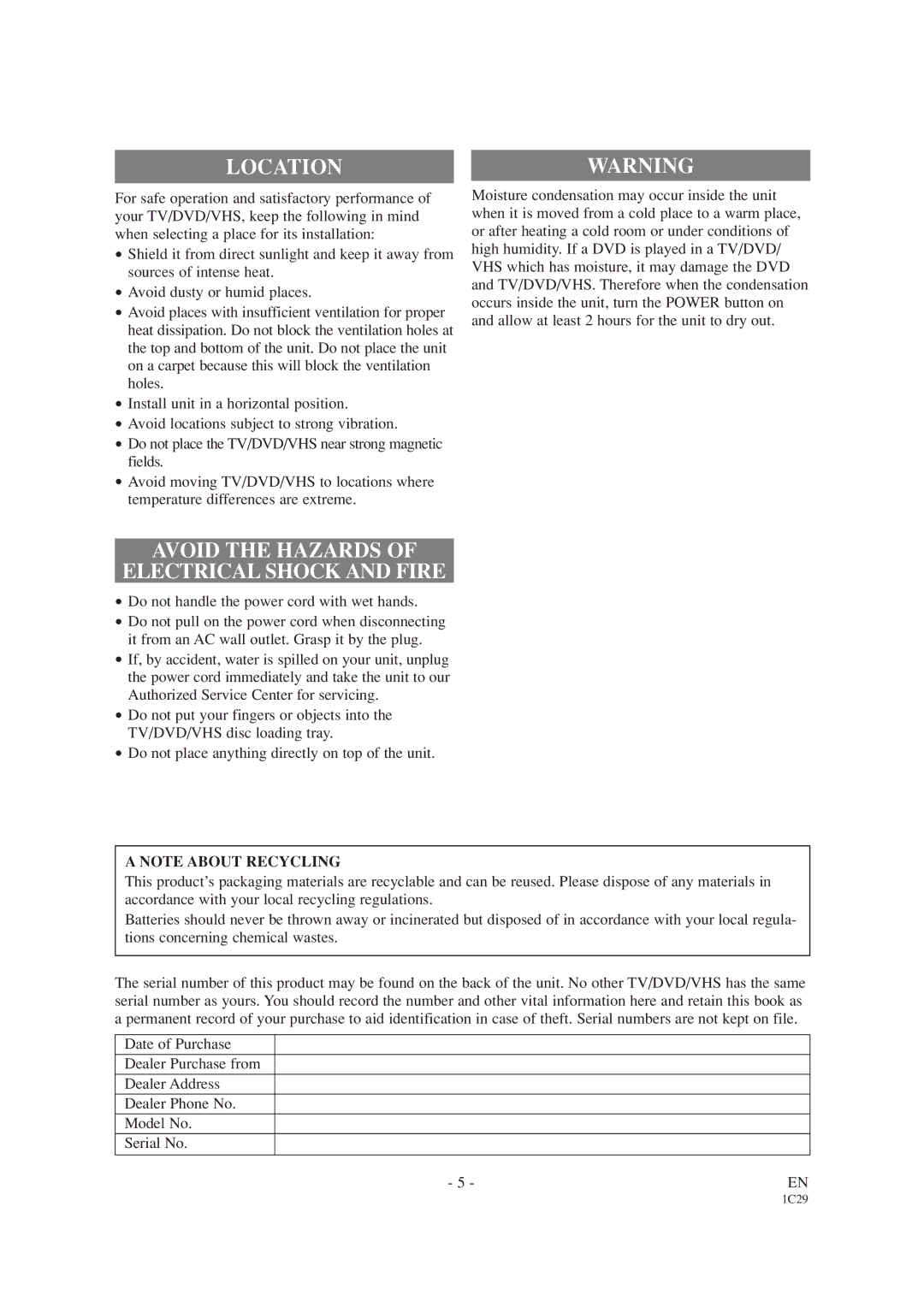 Emerson EWC19T1 owner manual Locationwarning, Avoid the Hazards Electrical Shock and Fire 