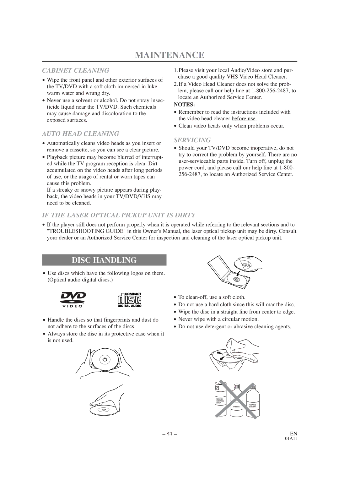 Emerson EWC19T1 owner manual Maintenance, Disc Handling 