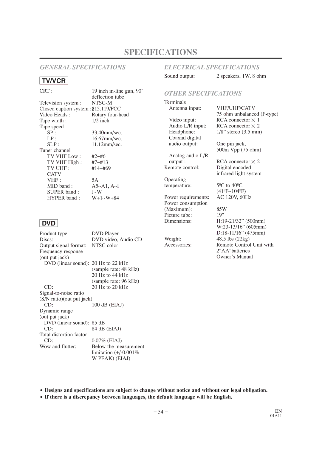 Emerson EWC19T1 owner manual General Specifications, Electrical Specifications, Other Specifications 