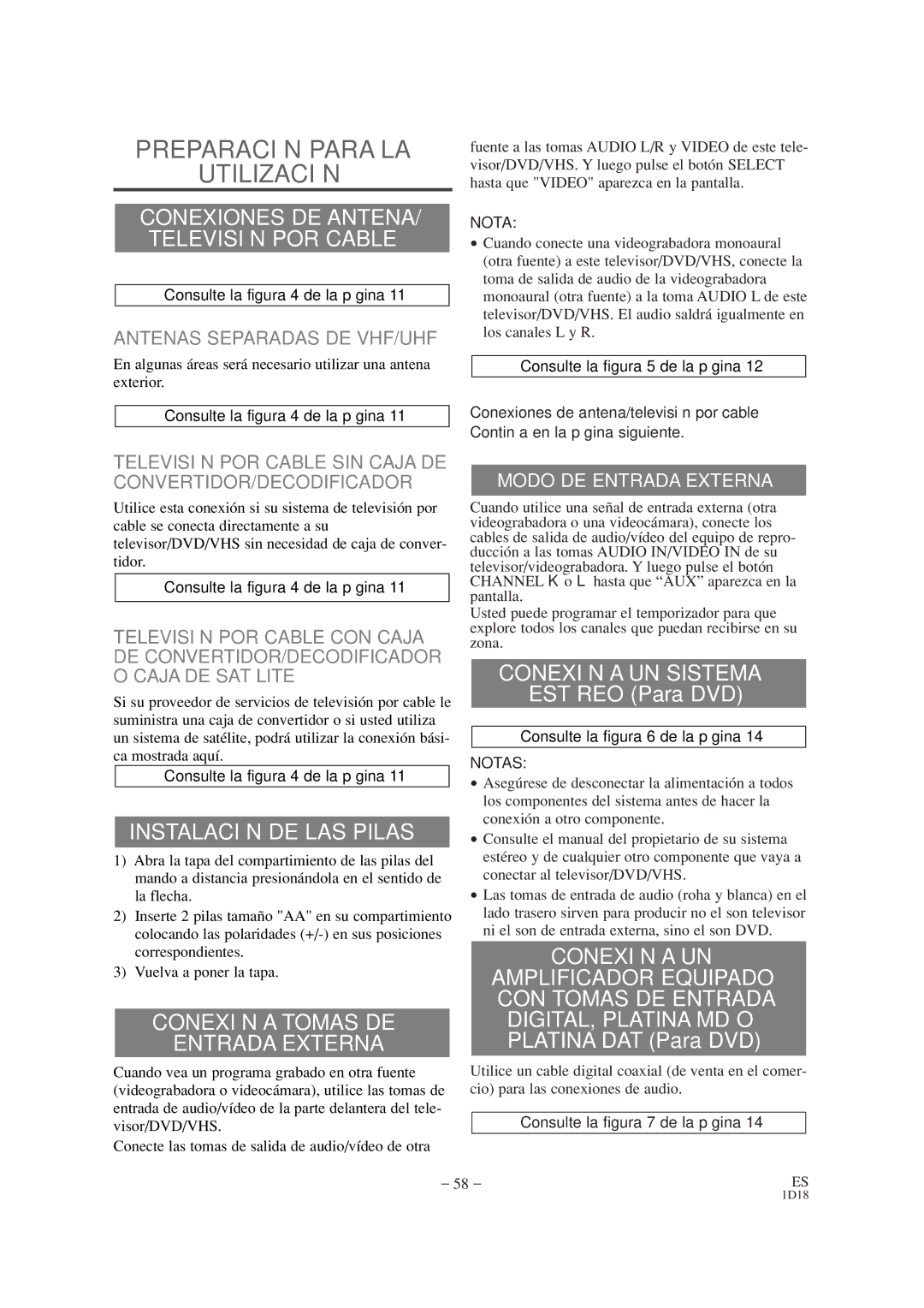 Emerson EWC19T1 owner manual Preparación Para LA Utilización, Instalación DE LAS Pilas, Conexión a Tomas DE Entrada Externa 