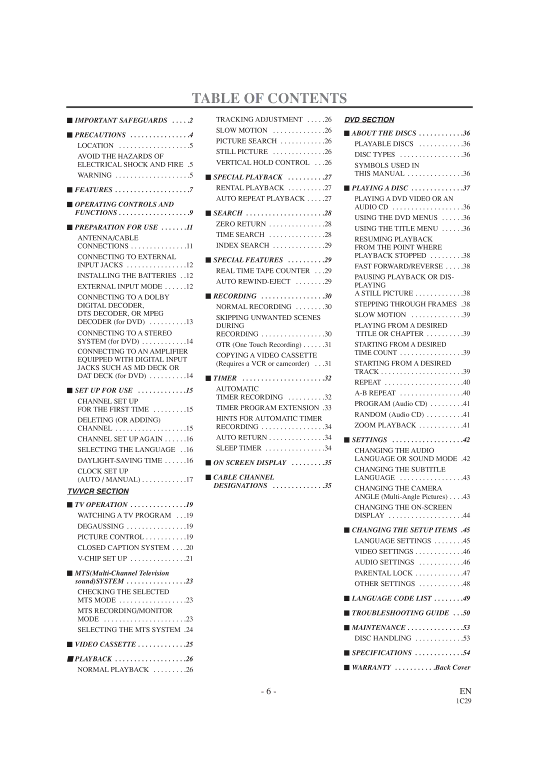 Emerson EWC19T1 owner manual Table of Contents 