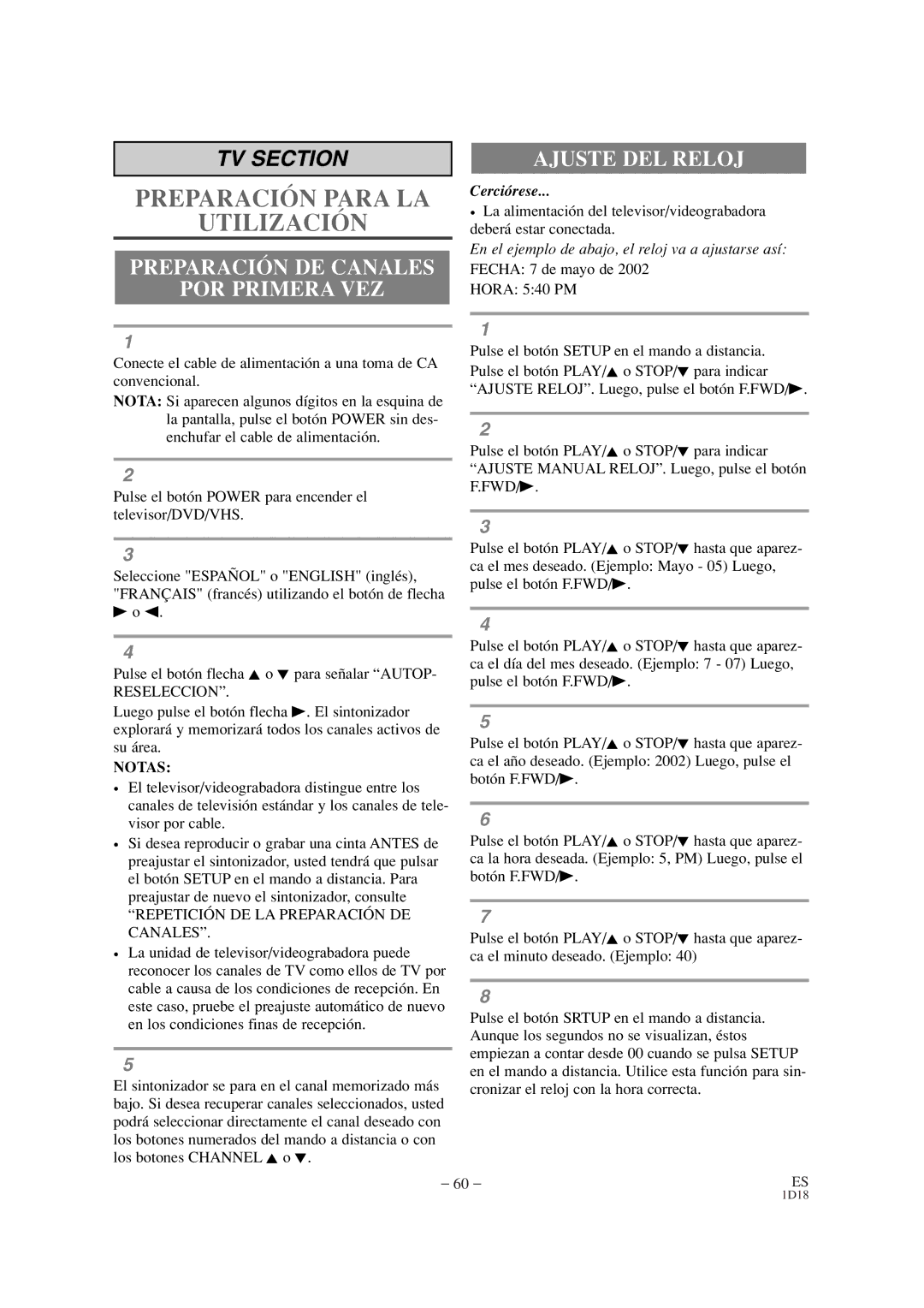 Emerson EWC19T1 owner manual Preparación DE Canales POR Primera VEZ, Ajuste DEL Reloj 