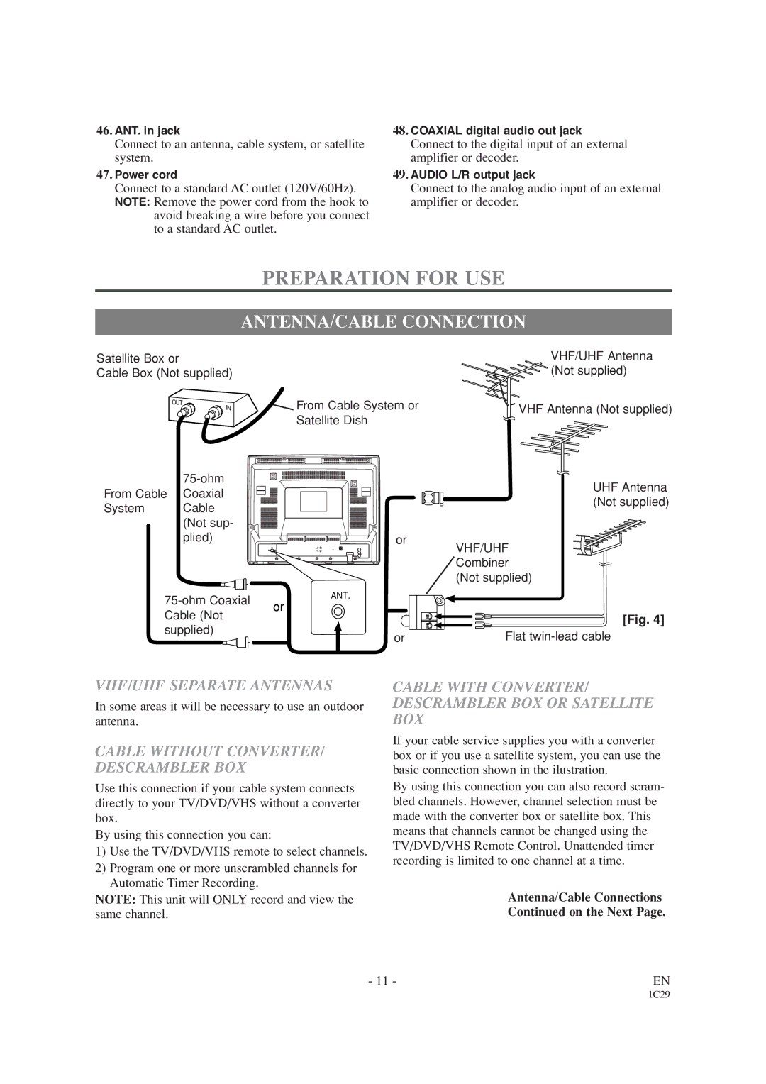 Emerson EWC19T2 owner manual Preparation for USE, ANTENNA/CABLE Connection, VHF/UHF Separate Antennas 