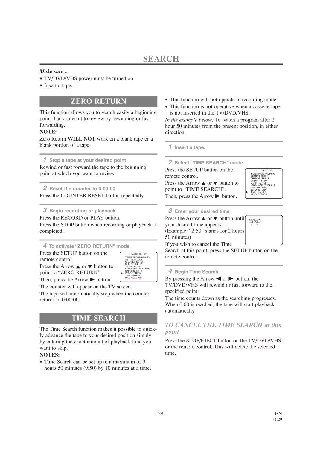 Emerson EWC19T2 owner manual Zero Return, Time Search 