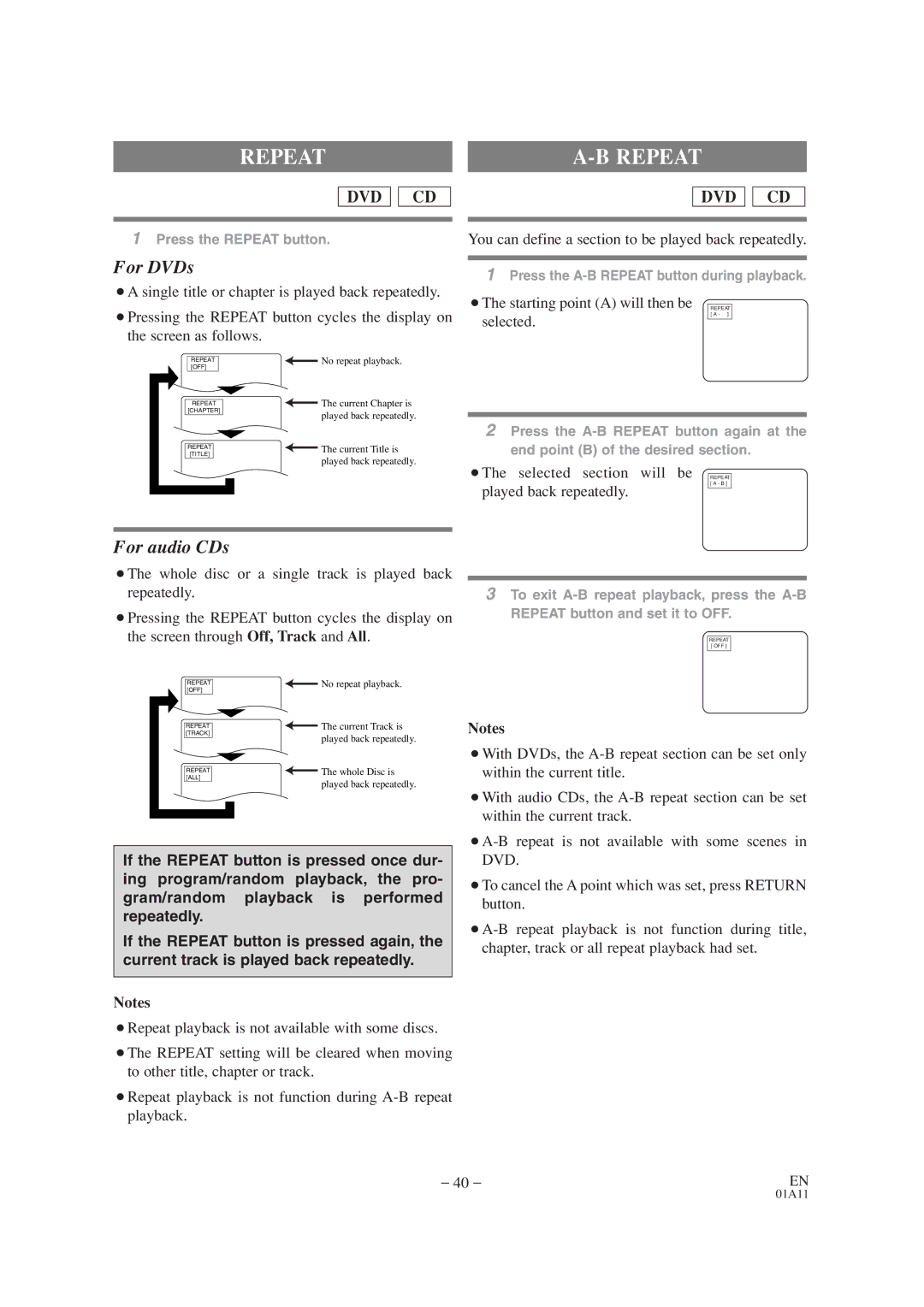 Emerson EWC19T2 owner manual Repeat, ¡A single title or chapter is played back repeatedly 