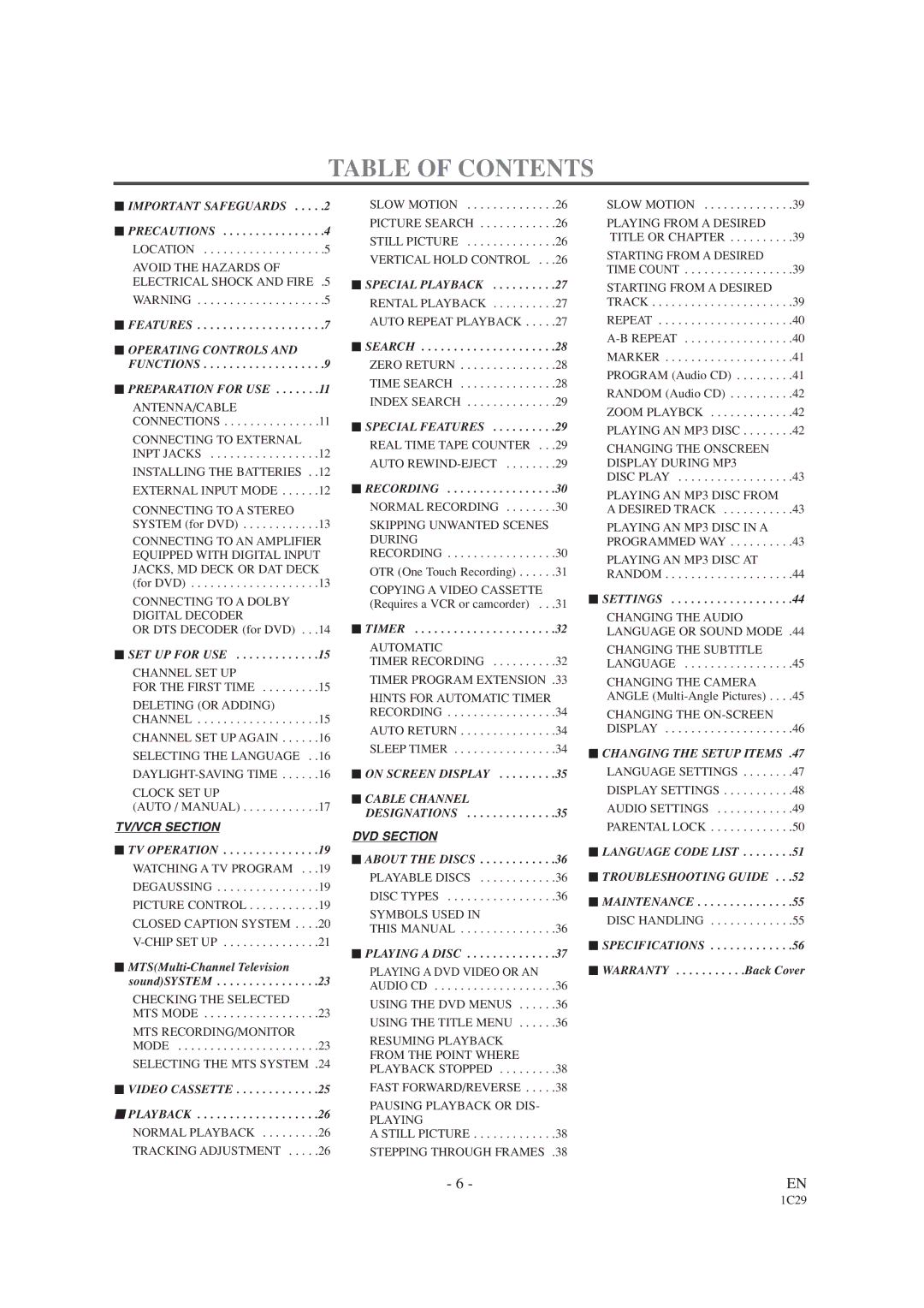 Emerson EWC19T2 owner manual Table of Contents 