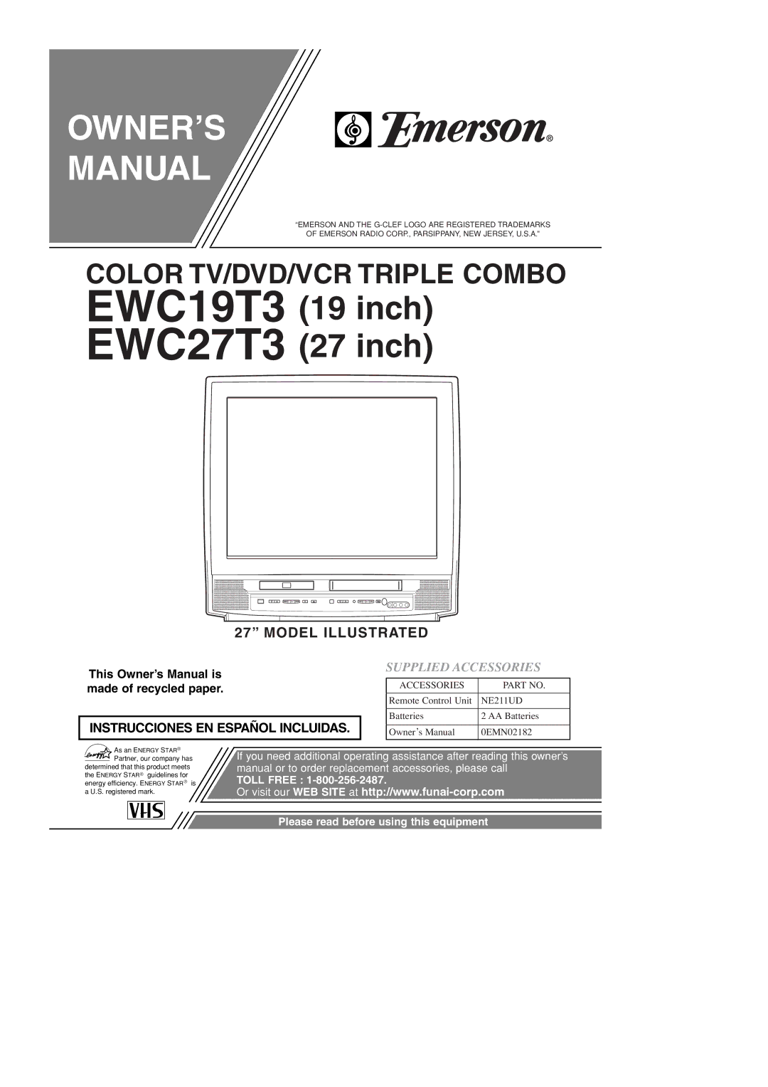 Emerson EWC19T3 owner manual OWNER’S Manual, Supplied Accessories 