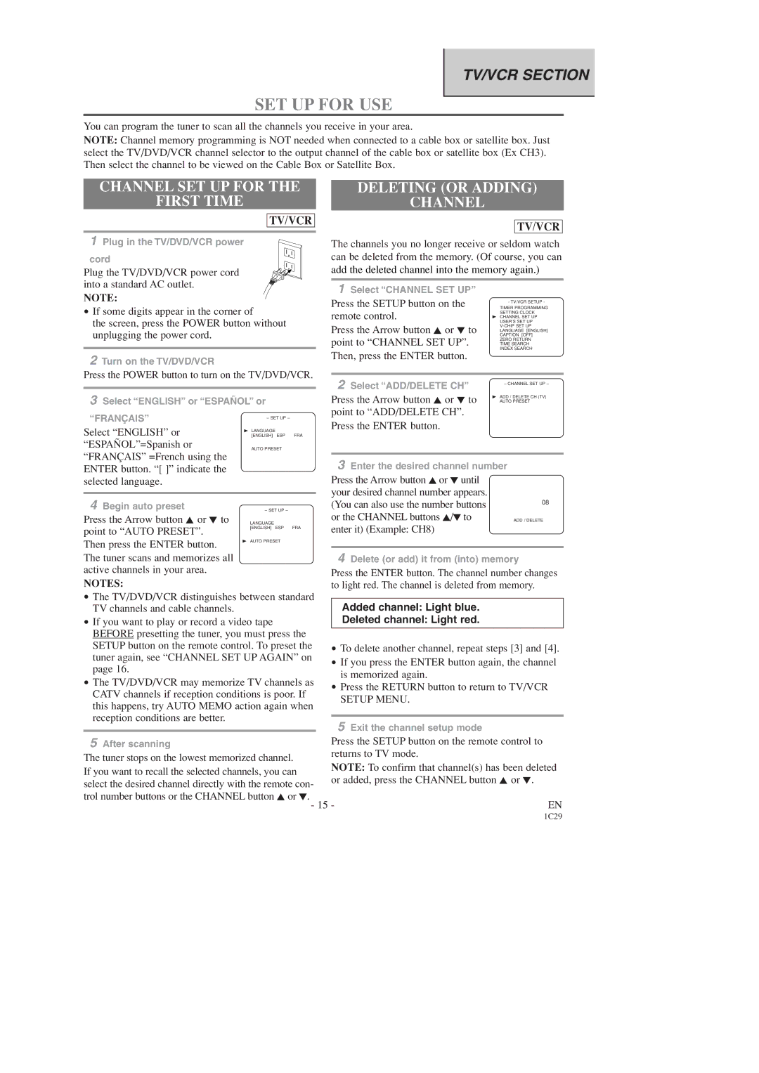 Emerson EWC19T3 owner manual SET UP for USE, Channel SET UP for First Time, Deleting or Adding Channel 