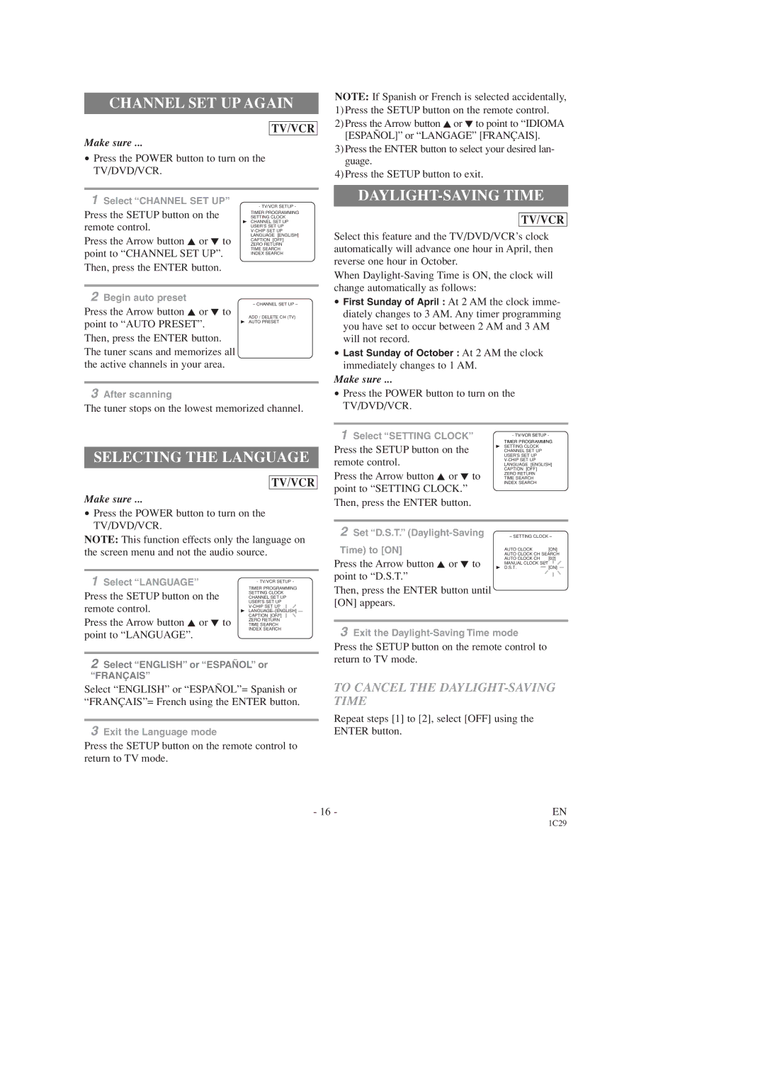 Emerson EWC19T3 owner manual Channel SET UP Again, Selecting the Language, To Cancel the DAYLIGHT-SAVING Time 