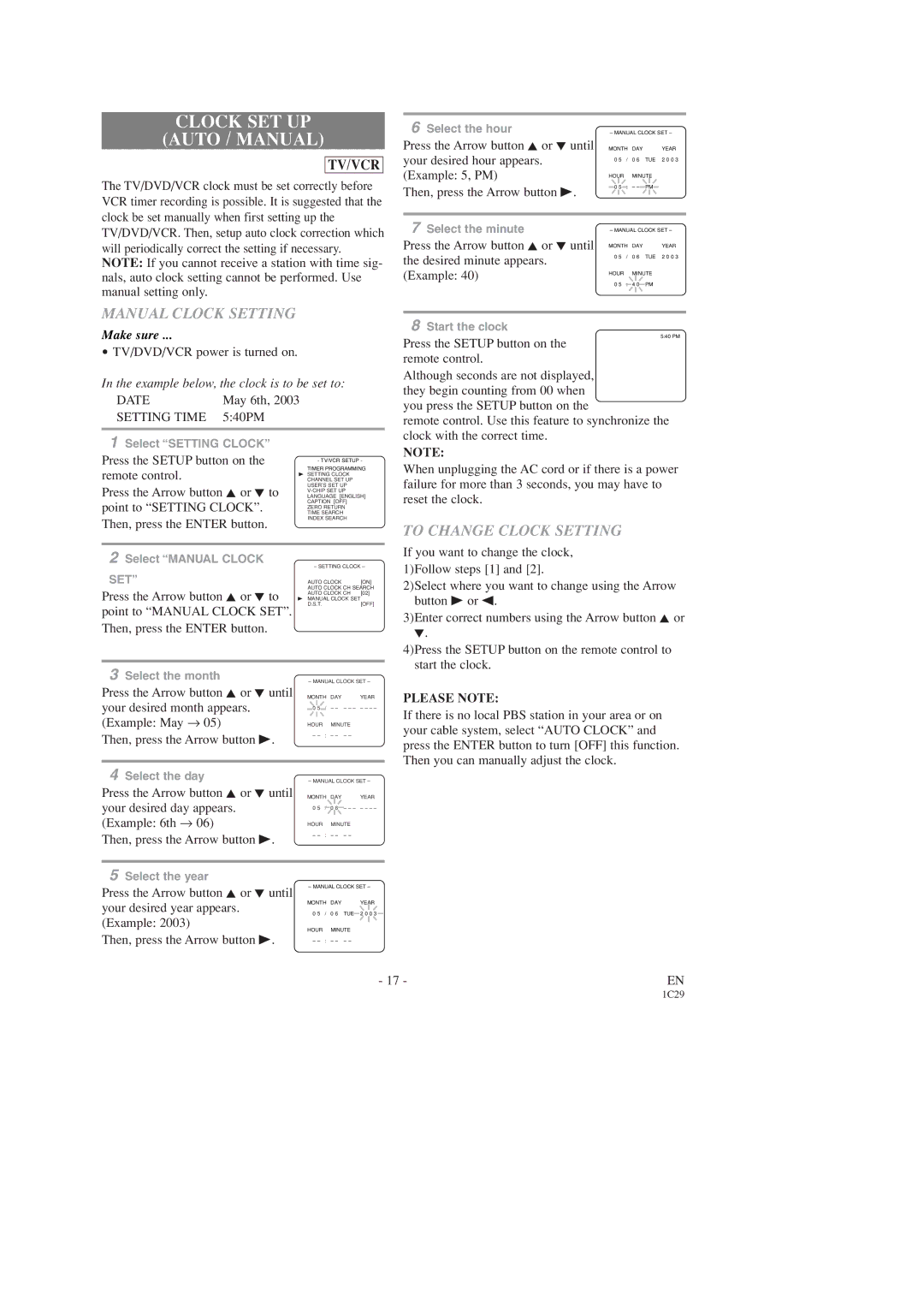 Emerson EWC19T3 owner manual Clock SET UP Auto / Manual, Manual Clock Setting, To Change Clock Setting, Please Note 