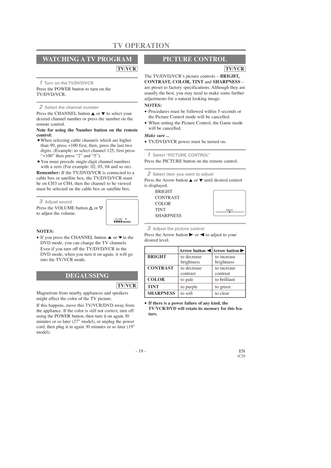 Emerson EWC19T3 owner manual TV Operation, Watching a TV Program, Degaussing, Picture Control 