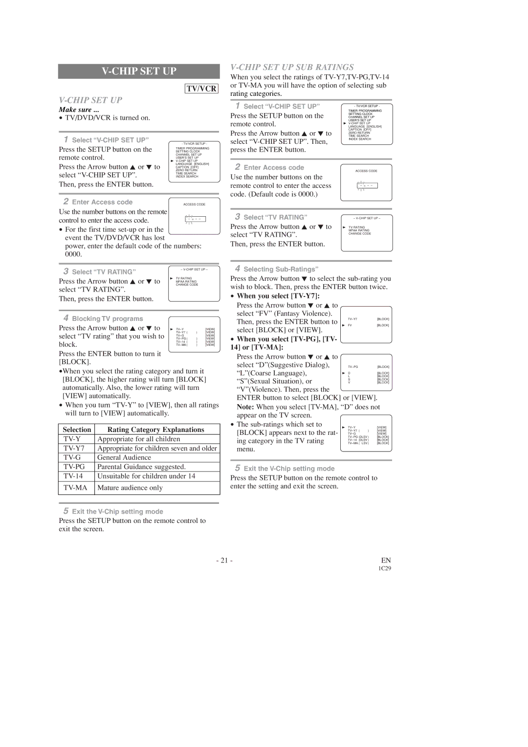 Emerson EWC19T3 Chip SET UP SUB Ratings, Selection Rating Category Explanations, When you select TV-PG, TV Or TV-MA 