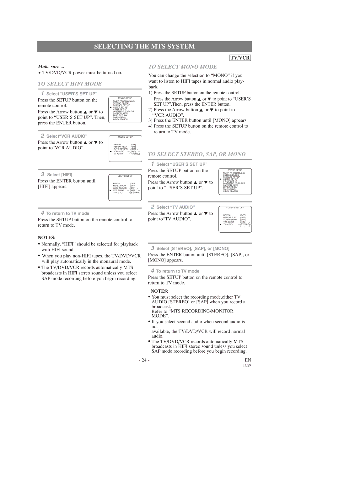 Emerson EWC19T3 Selecting the MTS System, To Select Hifi Mode, To Select Mono Mode, To Select STEREO, SAP, or Mono 