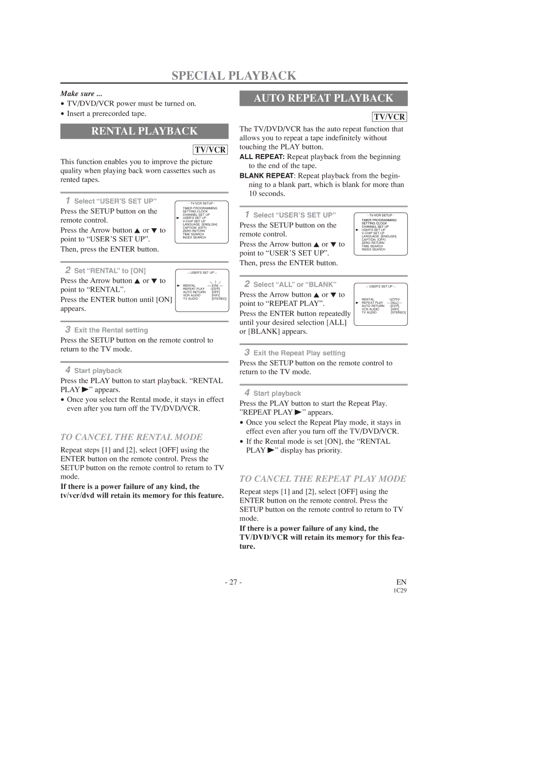 Emerson EWC19T3 owner manual Special Playback, Rental Playback, Auto Repeat Playback, To Cancel the Rental Mode 