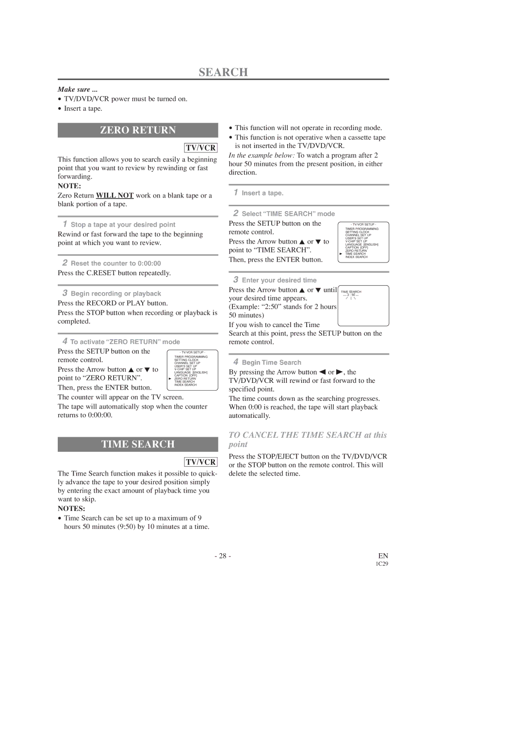 Emerson EWC19T3 owner manual Time Search, TV/DVD/VCR power must be turned on Insert a tape, Point to Zero Return 