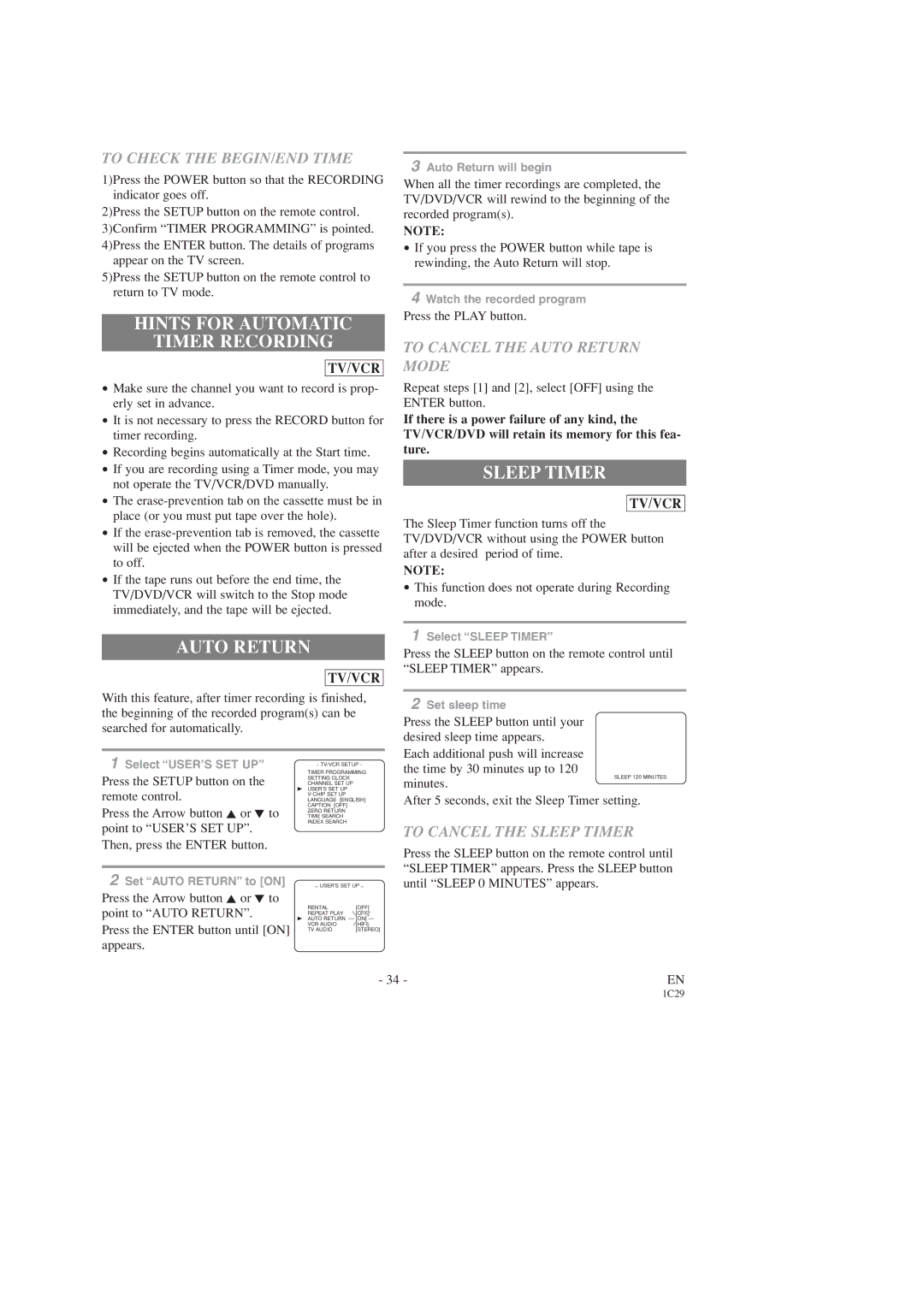 Emerson EWC19T3 owner manual Hints for Automatic Timer Recording, Auto Return, Sleep Timer 