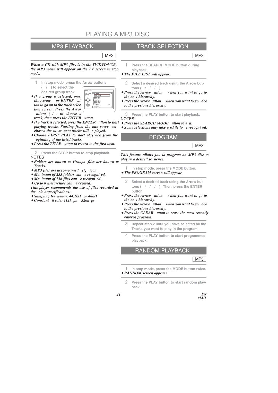 Emerson EWC19T3 owner manual Playing a MP3 Disc, MP3 Playback, Program, ¡The File List will appear, ¡RANDOM screen appears 