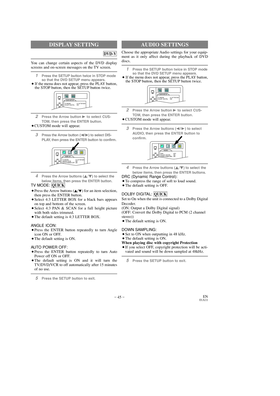 Emerson EWC19T3 owner manual Display Setting, Audio Settings, When playing disc with copyright Protection 