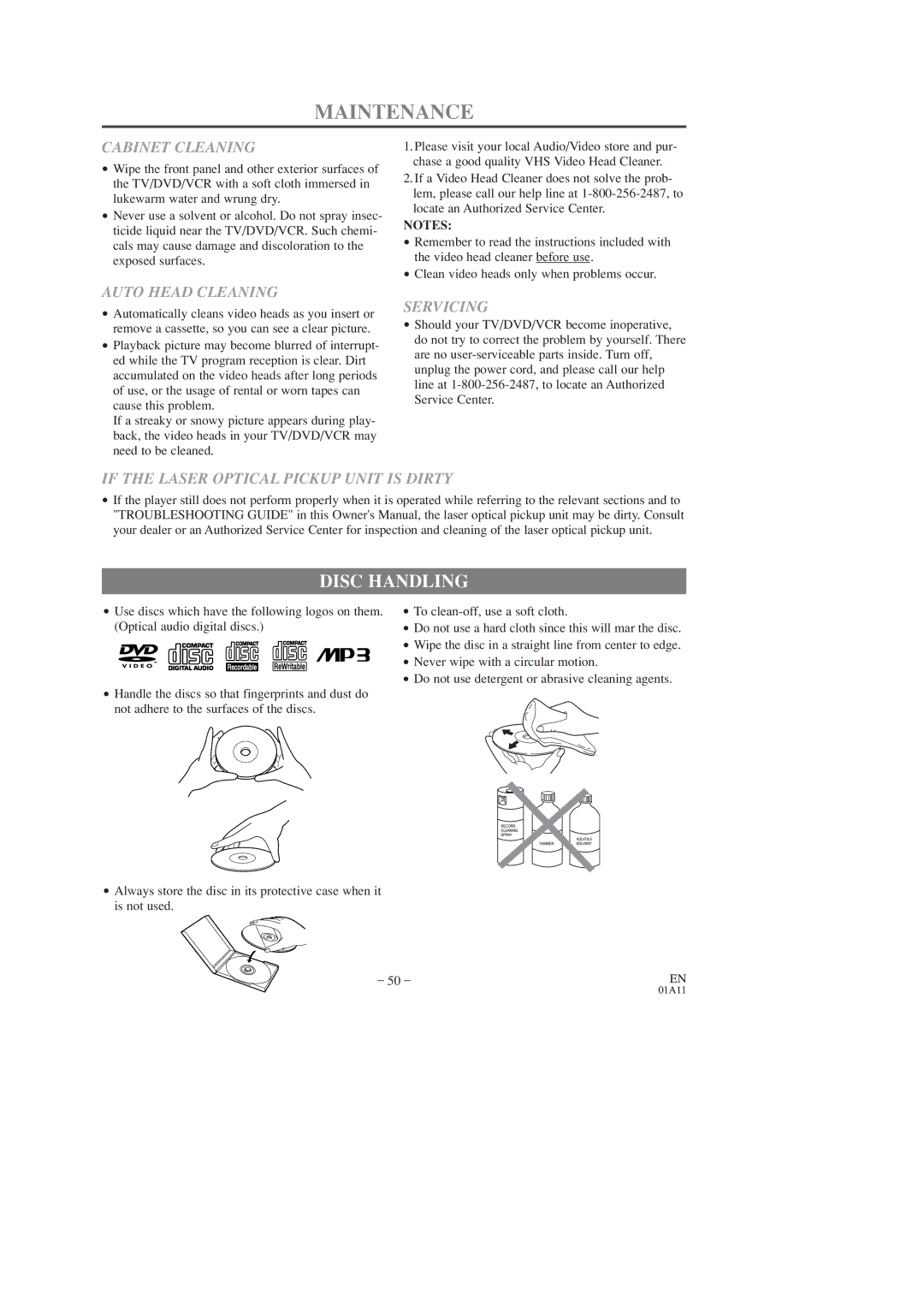 Emerson EWC19T3 owner manual Maintenance, Disc Handling 