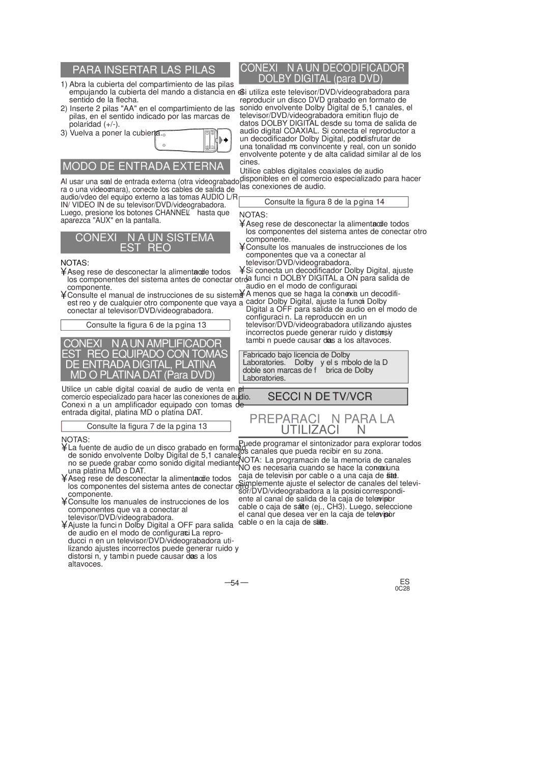 Emerson EWC19T3 owner manual Para Insertar LAS Pilas, Modo DE Entrada Externa, Conexión a UN Sistema Estéreo, Notas 