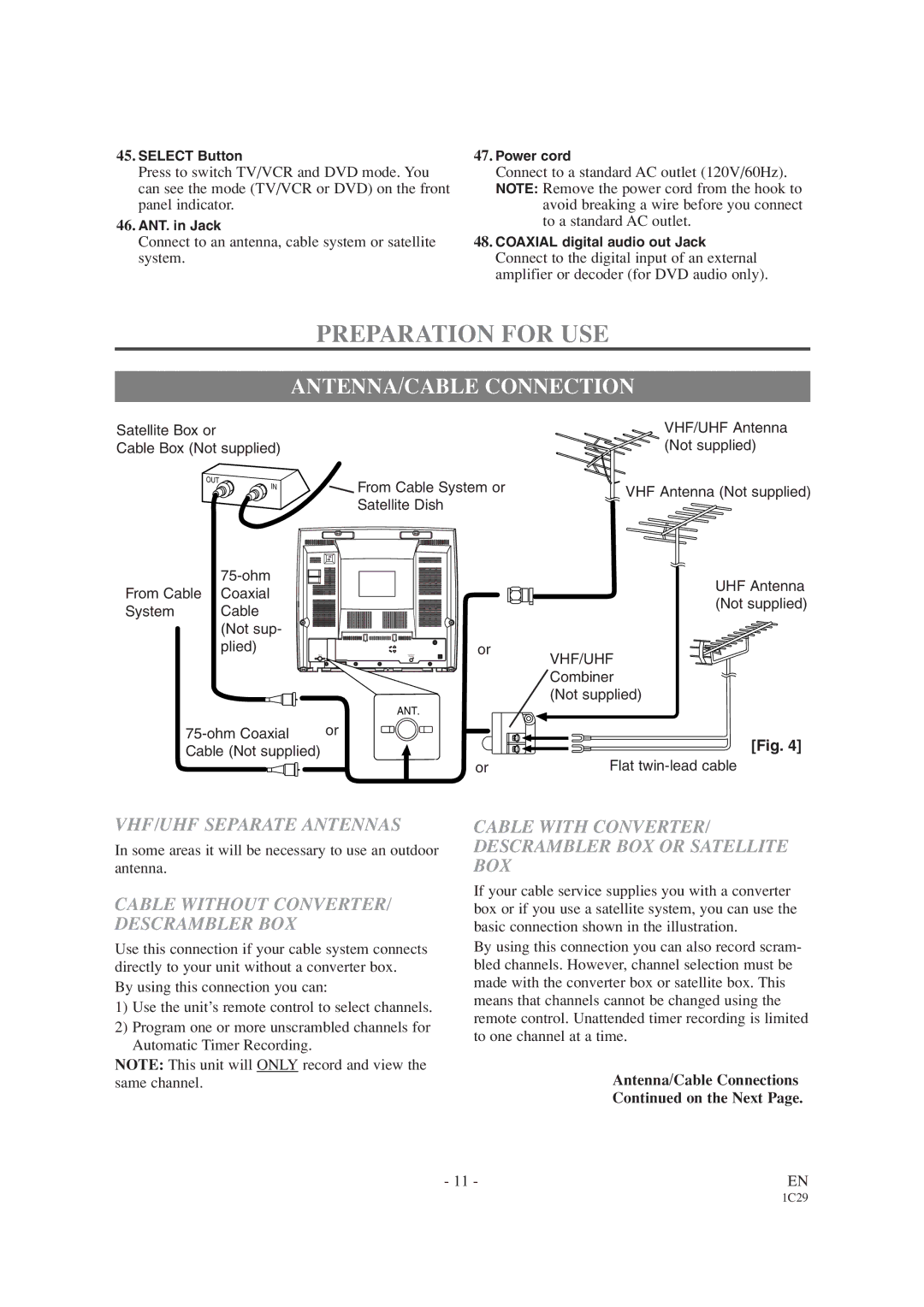 Emerson EWC19T4 owner manual Preparation for USE, ANTENNA/CABLE Connection, VHF/UHF Separate Antennas 