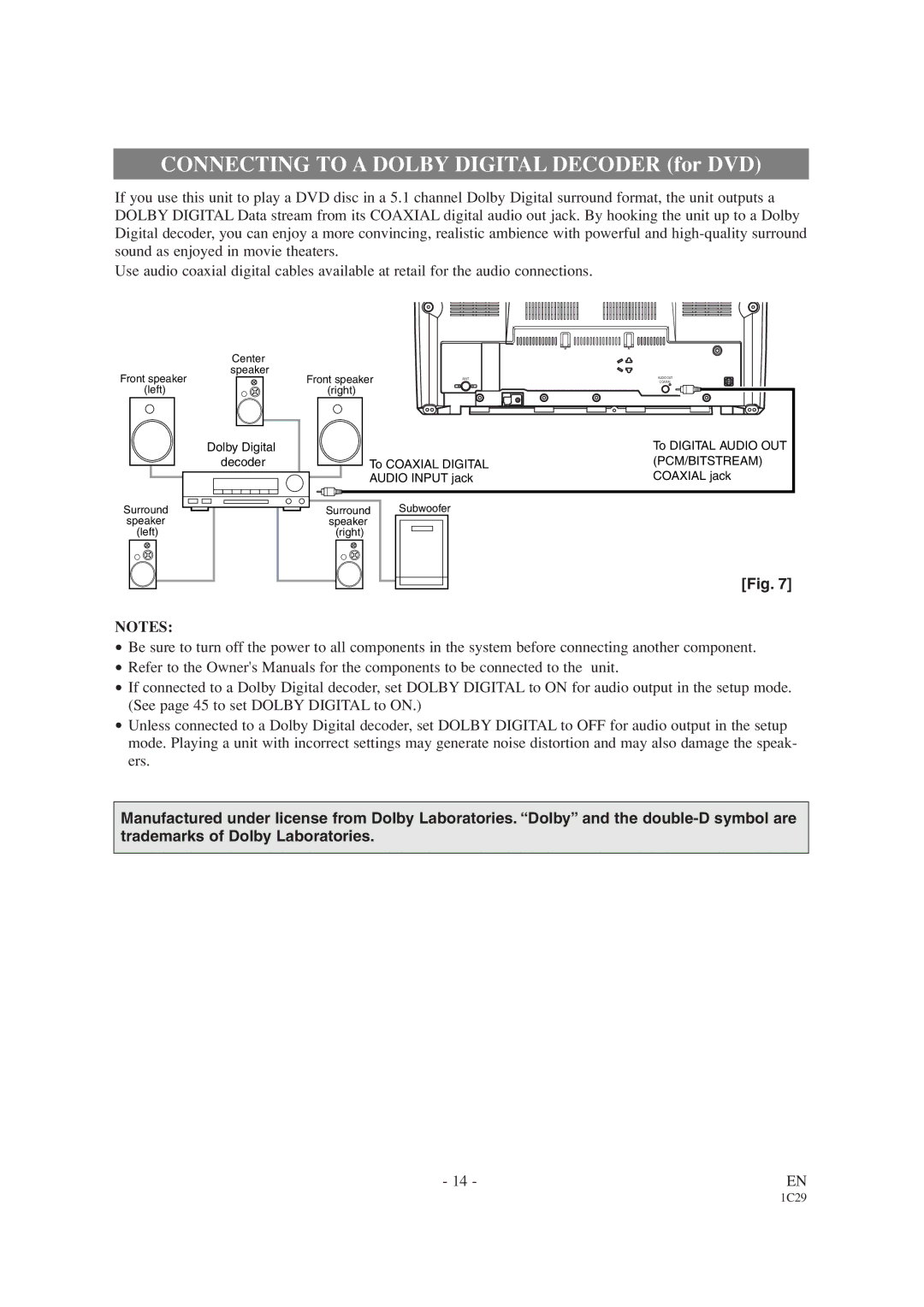 Emerson EWC19T4 owner manual Connecting to a Dolby Digital Decoder for DVD 