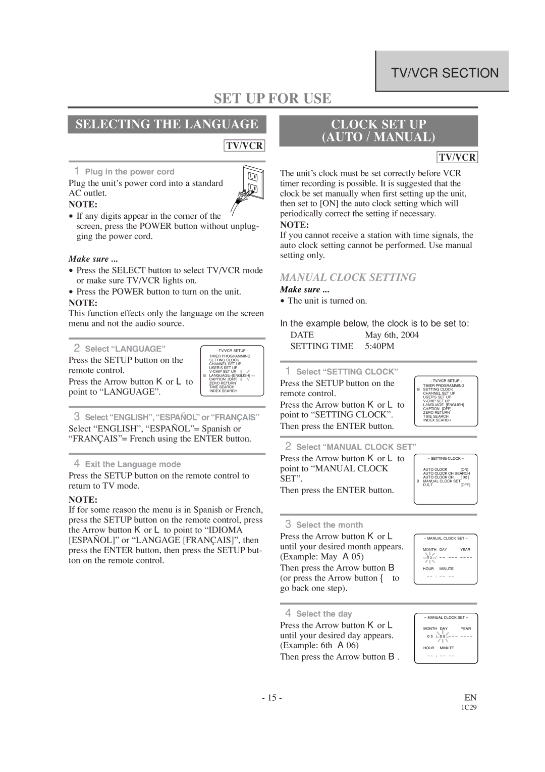 Emerson EWC19T4 owner manual SET UP for USE, Selecting the Language, Clock SET UP Auto / Manual, Manual Clock Setting 