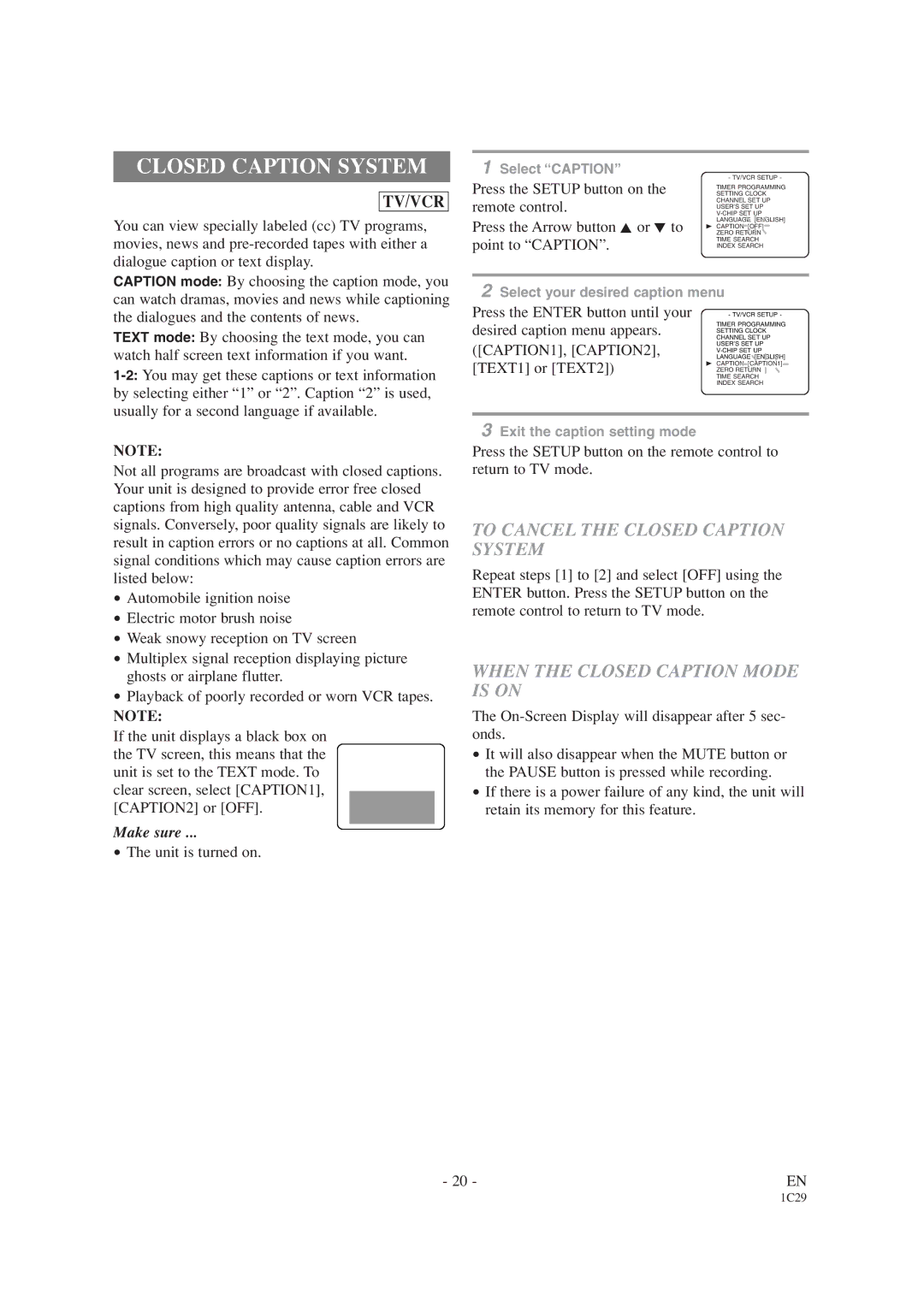 Emerson EWC19T4 To Cancel the Closed Caption System, When the Closed Caption Mode is on, CAPTION1, CAPTION2 