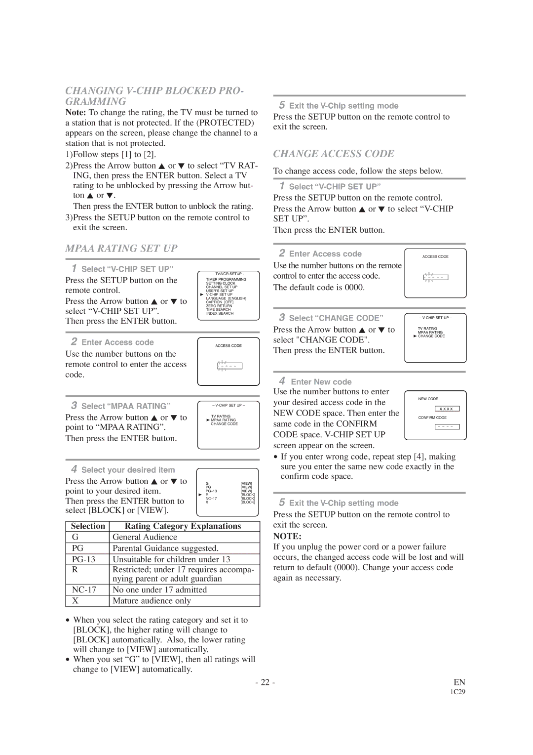 Emerson EWC19T4 owner manual Changing V-CHIP Blocked PRO- Gramming, Mpaa Rating SET UP, Change Access Code 