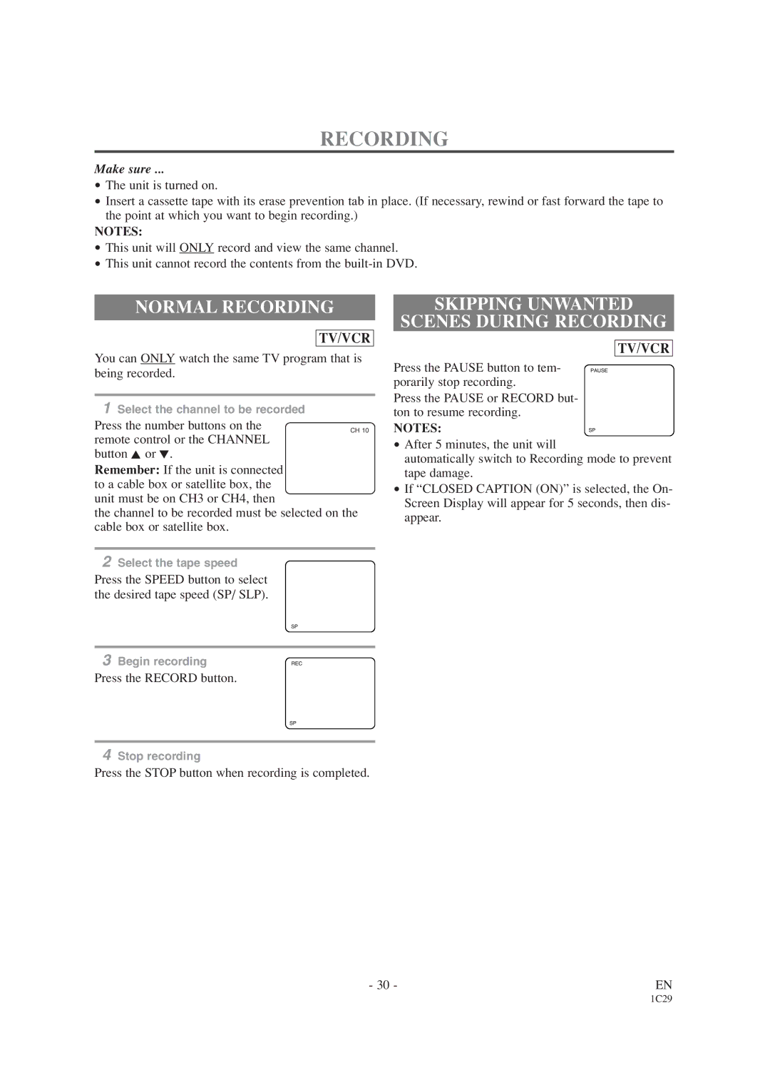 Emerson EWC19T4 owner manual Normal Recording, Skipping Unwanted Scenes During Recording 