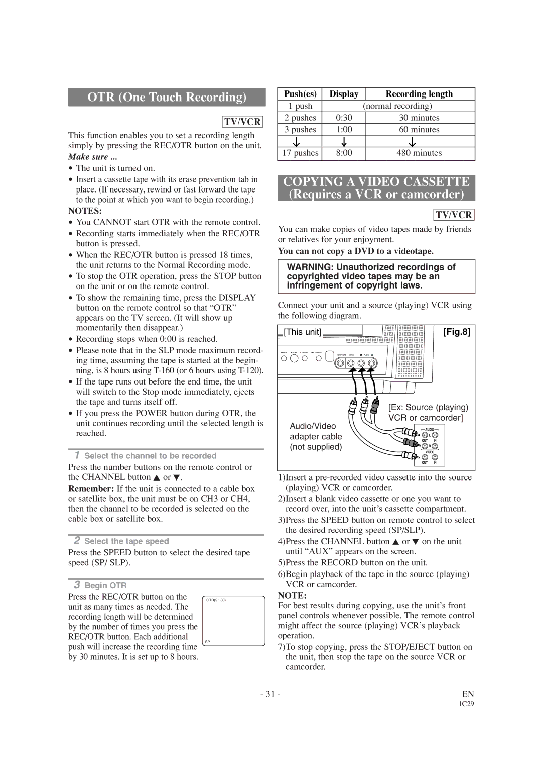 Emerson EWC19T4 owner manual Pushes Display Recording length, You can not copy a DVD to a videotape 