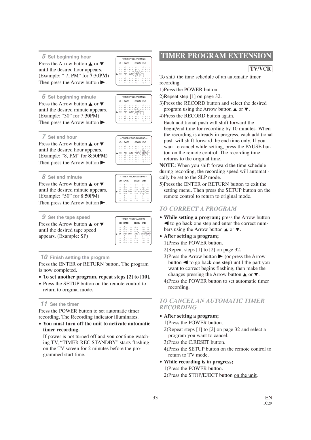 Emerson EWC19T4 owner manual Timer Program Extension, To Correct a Program, To Cancel AN Automatic Timer Recording 