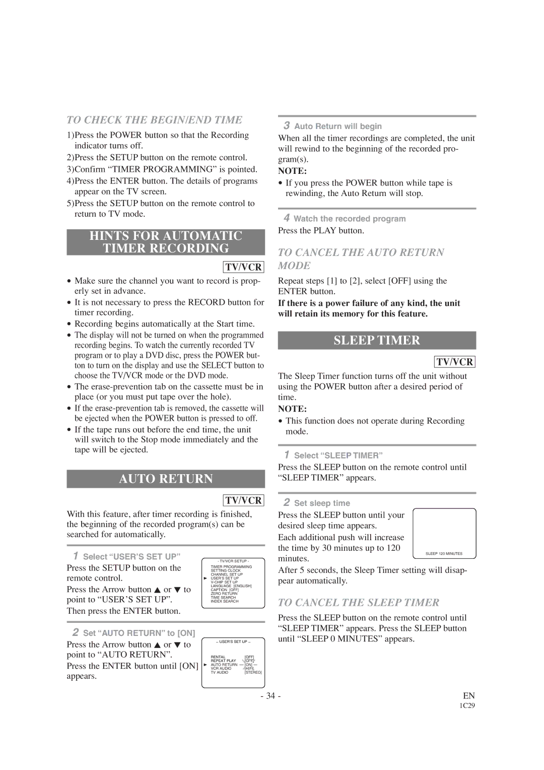 Emerson EWC19T4 owner manual Hints for Automatic Timer Recording, Auto Return, Sleep Timer 