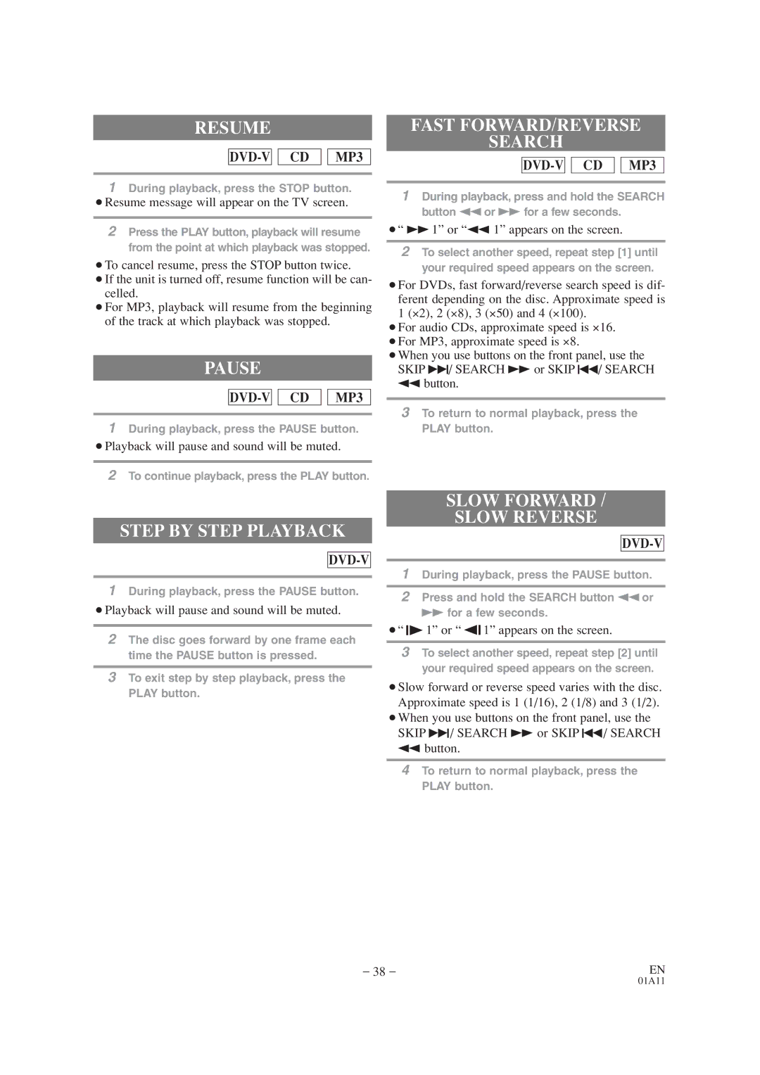 Emerson EWC19T4 owner manual Resume, Pause, Fast FORWARD/REVERSE Search, Step by Step Playback, Slow Forward Slow Reverse 