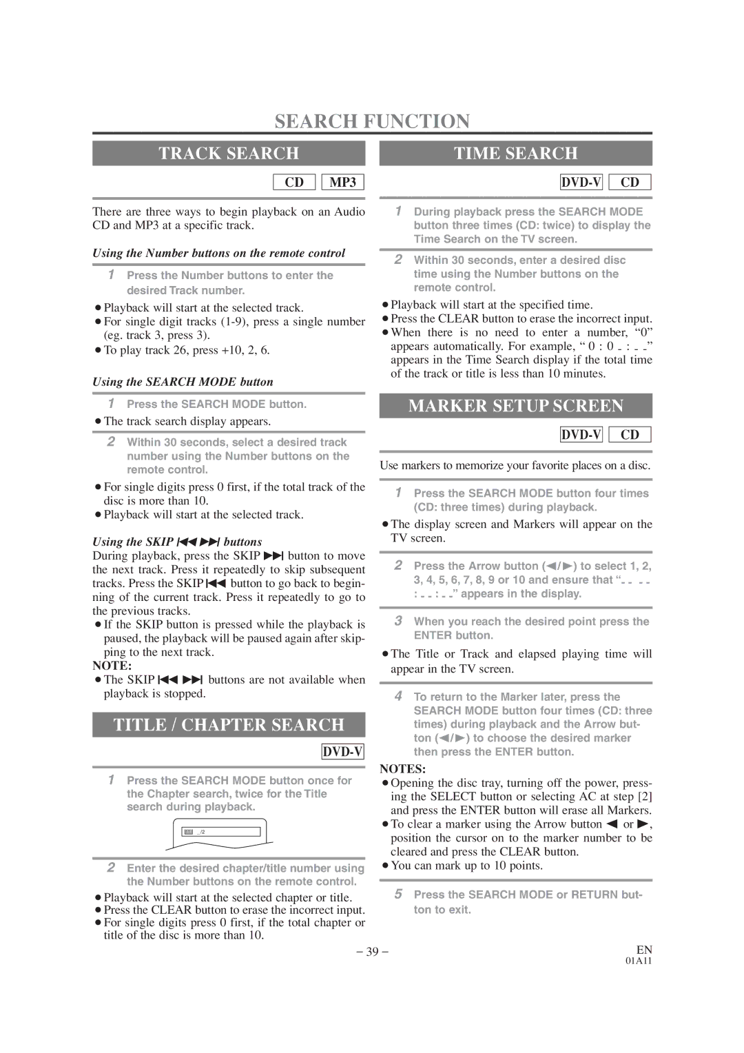 Emerson EWC19T4 owner manual Search Function, Track Search Time Search, Title / Chapter Search, Marker Setup Screen, Dvd-V 