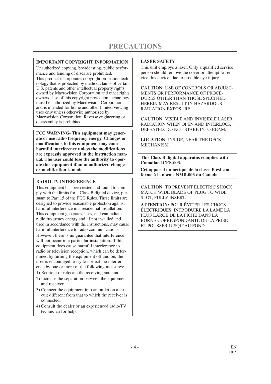 Emerson EWC19T4 owner manual Precautions, Important Copyright Information, RADIO-TV Interference, Laser Safety 