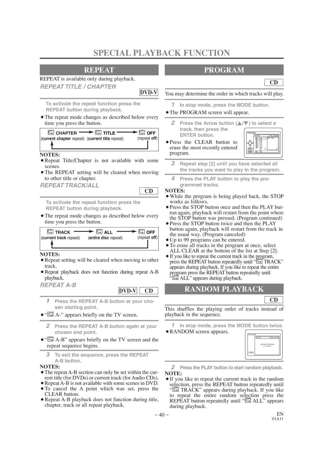 Emerson EWC19T4 owner manual Special Playback Function, Repeatprogram, Random Playback 