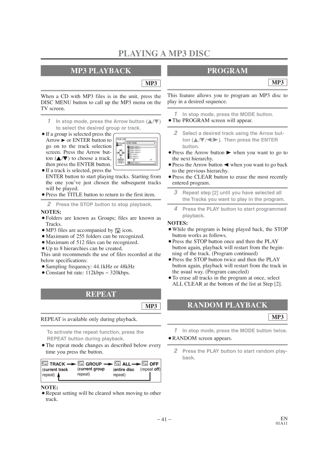 Emerson EWC19T4 owner manual Playing a MP3 Disc, MP3 Playback, Program, Repeat 