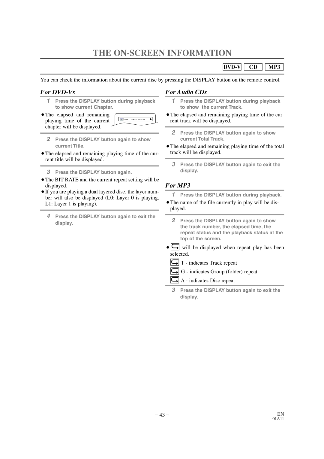 Emerson EWC19T4 owner manual ON-SCREEN Information, For DVD-Vs For Audio CDs 