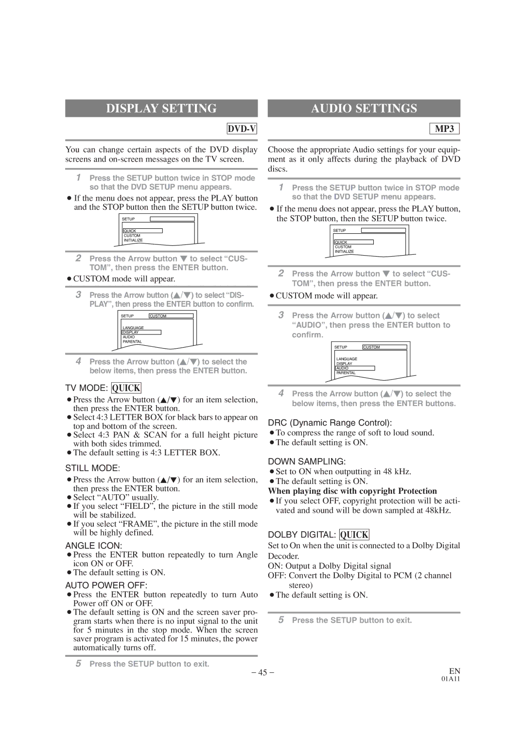 Emerson EWC19T4 owner manual Display Setting, Audio Settings, When playing disc with copyright Protection 