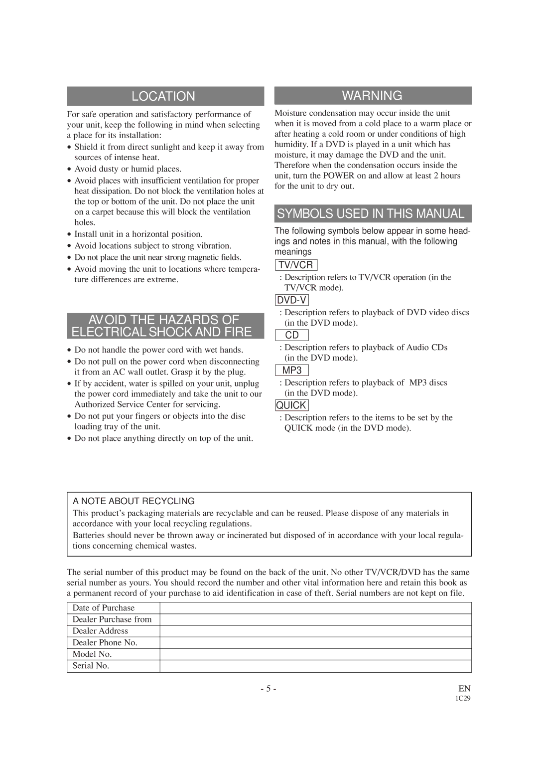 Emerson EWC19T4 owner manual Locationwarning, Symbols Used in this Manual, Avoid the Hazards Electrical Shock and Fire 