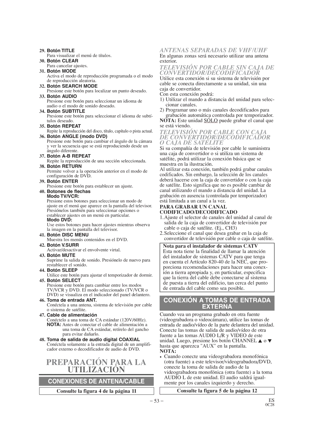 Emerson EWC19T4 owner manual Preparación Para LA Utilización, Antenas Separadas DE VHF/UHF, Nota 