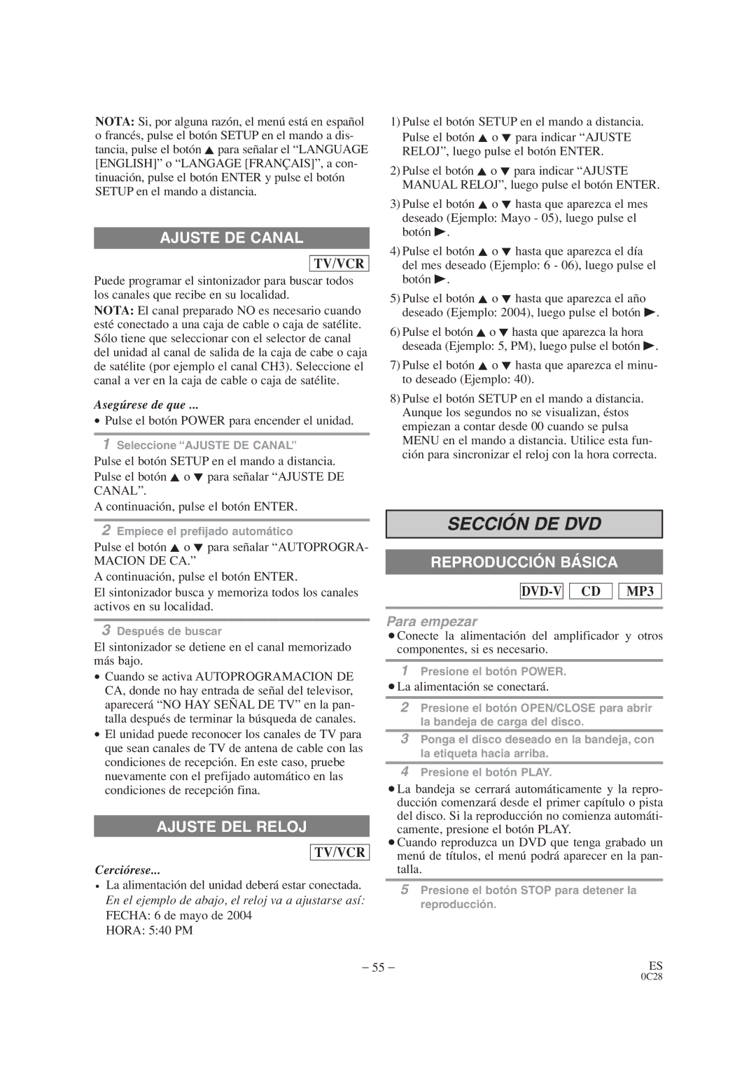 Emerson EWC19T4 owner manual Ajuste DE Canal, Macion DE CA 